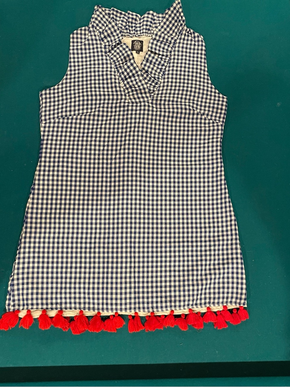 Elizabeth Wilson Designs Gingham Tassel Tunic Dress Blue White Red XXL